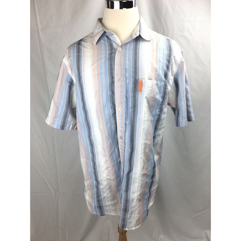 Mecca Men Size XL Blue White Striped Button Down Shirt Short Sleeved‎